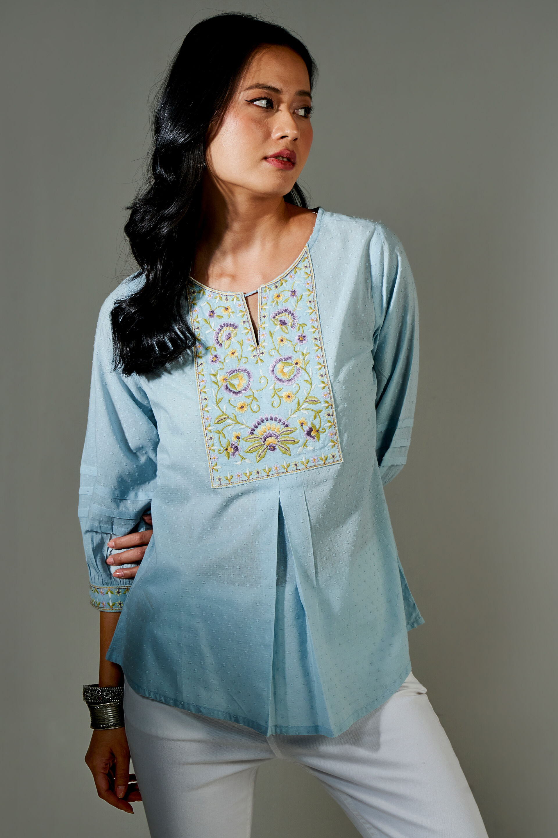 Aqua Dobby Embroidered Straight Top, Aqua, image 3